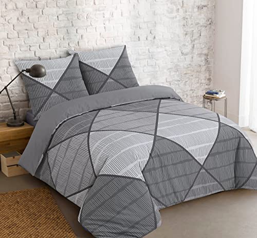 Vision - Parure de lit Harold - 100% Coton - Gris - Set de Housse de Couette 260x240 cm avec 2 taies d'oreiller pour lit Kingsize 2 Personnes - Fibres...