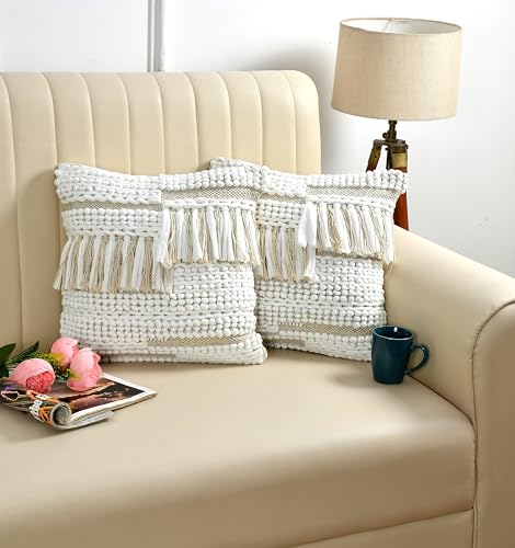 Image of TIB Premium Boho Decorative Throw Cushion Covers, 16 x 16 cm, Set of 2, Cotton. (Off-White Waterfall)