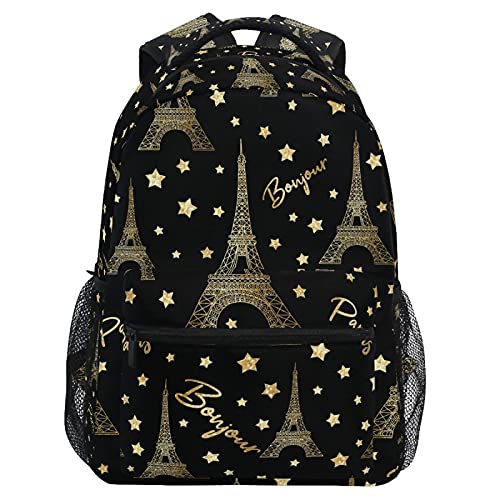 MNSRUU Travel School Backpack Paris Romantic Gold Glitter Stars And Eiffel Tower College Laptop Backpacks High School Bookbags for Adult Teen