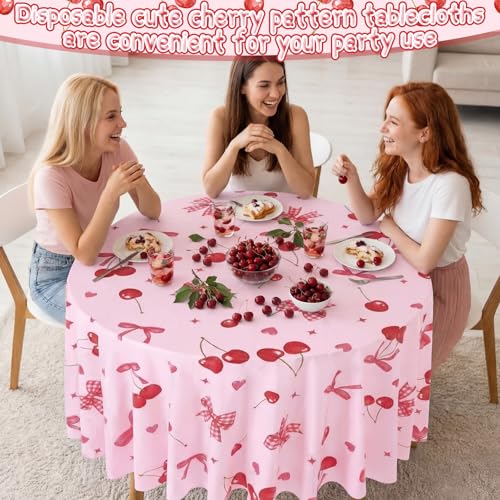 Image of Ganeen 6 Pcs Cherry Plastic Tablecloth 84 Inch Cherry Bow Round Tablecloths Birthday Decor Disposable Plastic Round Waterproof Table Covers for Holiday Weeding Tea Decoration Party Favor
