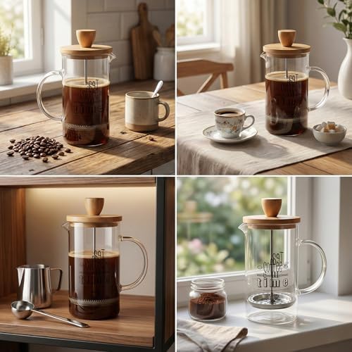 Deconox Bambu Kapaklı French Press 350 ml – Borosilikat Cam Bitki Çayı ve Filtre Kahve Demleme Ekipmanı, Paslanmaz Çelik Filtreli Kişisel Kupa Boy - Görsel 6
