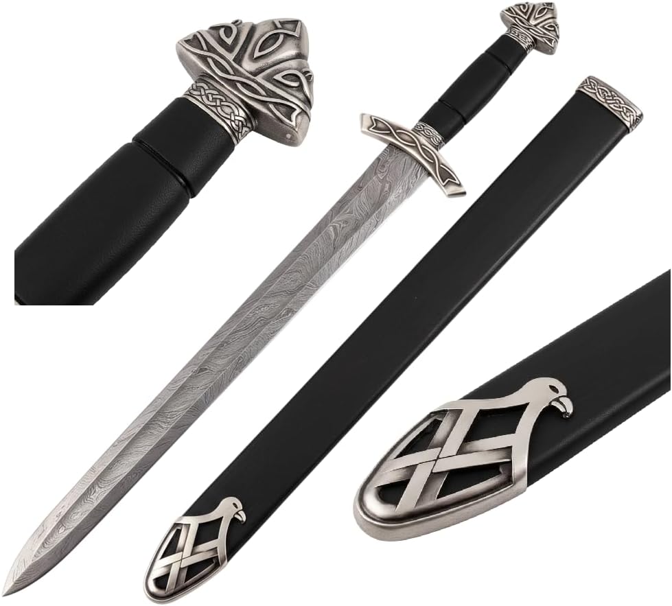 Damascus Steel Viking Sword with Leather Scabbard – Norse Northman Medieval Battle Sword | Handmade LARP & Cosplay Long Sword, Perfect Viking Decor & Gift for Men - Image 9