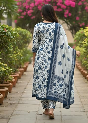 Image of Yash Gallery Women's Indigo Floral Print Plus Size 3-Piece Kurta Set with Pant & Dupatta | Calf-Length Kurta, Round Neck with V-Slit & Contrast Border | Daily /Office Ethnic Wear