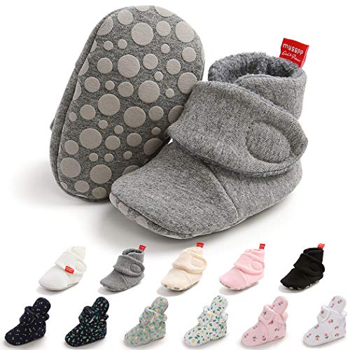 Baby Boy Girl Fleece Booties Cotton Newborn Socks Soft Sole Winter Warm Stay On Baby Slippers Non-Skid Cozy Crib Shoes(0-6 Months M US Infant,A-Grey)