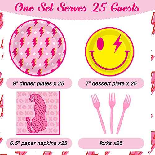 Image of 100 Pcs Preppy Party Plates Napkins Forks Supplies Set Smile Face Disposable Tableware Smile Face Paper Birthday Plates Dinnerware Y2K Girl Bachelorette Party Decoration Favors Serves 25