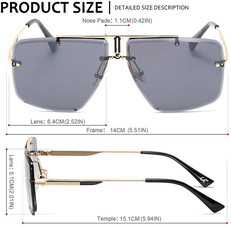 Junsika Oversized Square Rimless Sunglasses for Men Fashion Retro Designer Shades Sunglasses - Image 4