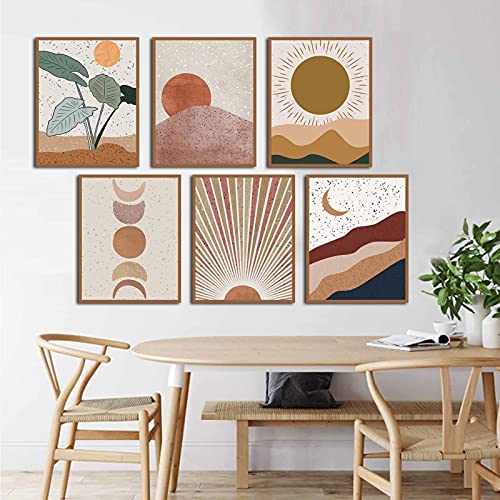 Fwk Modern Abstract Mid Century Bohemian Mountains Sun Boho Moon Posters Art Painting Set Of 6 (8X10Inches ) Living Room Bedroom Hallway Kitchen Housewarming Gift Home Decor Unframed 8 X 10 Inch #TOP1