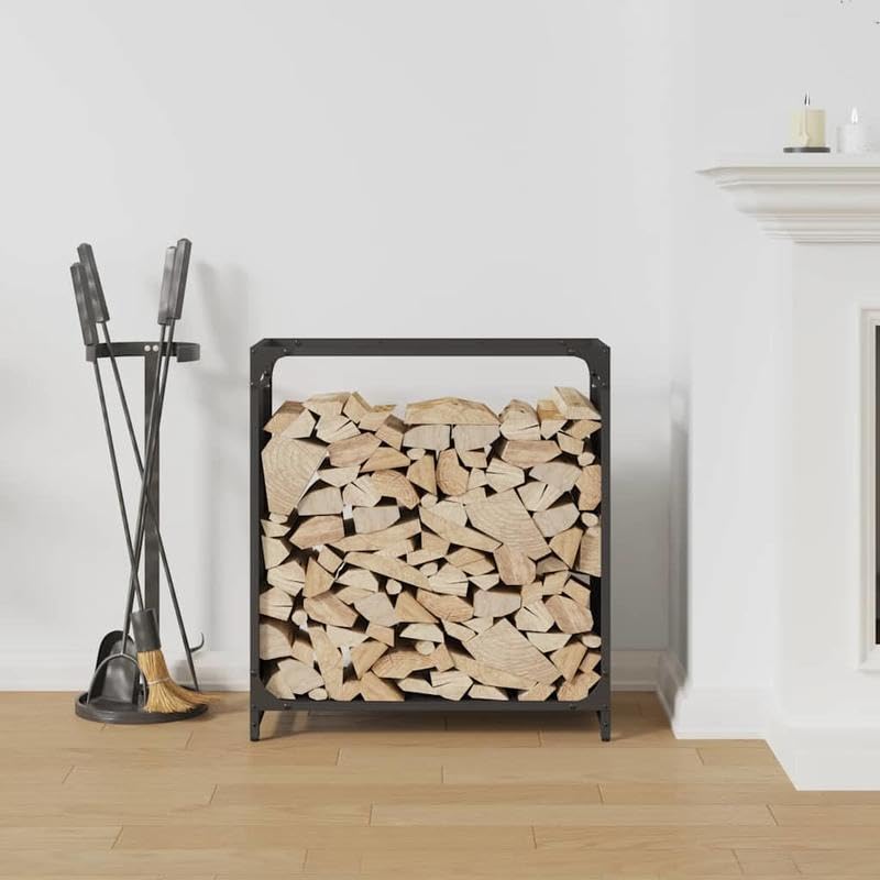 Eleganz Estantería para leña de acero laminado en frío, color negro, 60 x 28 x 65 cm, estantería estable para leña, almacenamiento para jardín, terraza y casa, resistente a la intemperie y duradero
