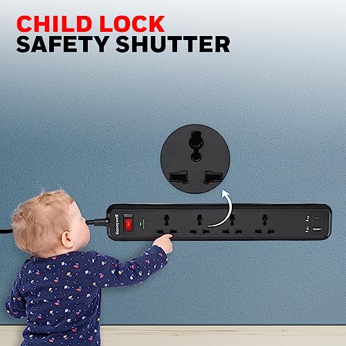 Image of Honeywell Surge Protector /Spike Guard /Extension Board,Master Switch,4 Universal Sockets,PD18W&USB,15000Amp,2 Meter Cord,Device Secure Warranty,Automatic Overload Protection,3Year Manufacturer Warranty