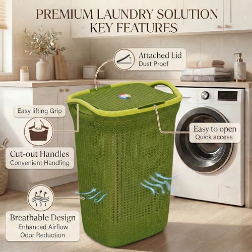 Image of Plastic Laundry Basket with Lid | 60L Extra Large Knit Hamper | Strong & Durable | Ideal for Bathroom, Bedroom & Kids Room | Multipurpose Cloth Storage Organiser | 36 x 46 x 61 cm | Olive Green