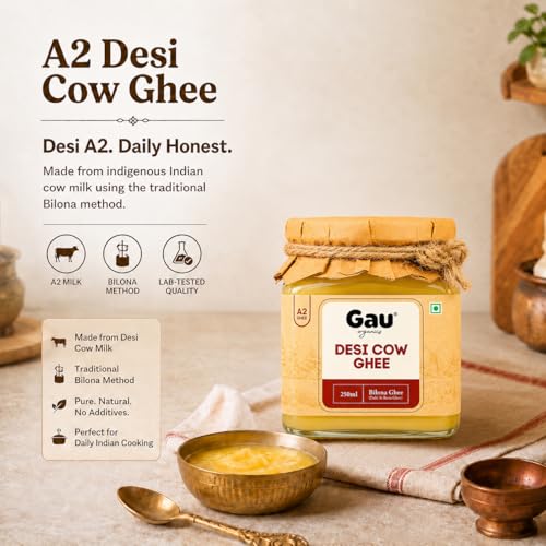 Image of Gau Organics A2 Desi Cow Ghee 250ml | Traditional Bilona Method from Curd | Made from Indigenous Desi Cow Milk | Lab Tested with 117 Quality Checks | Pure Ghee Glass Jar