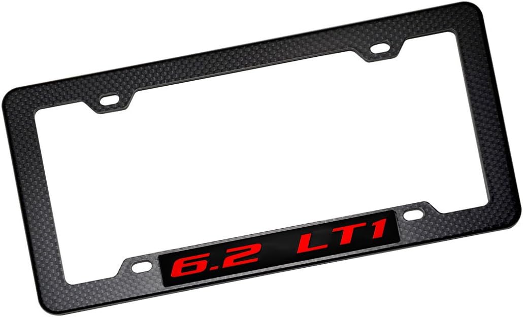 Black Carbon Fiber Look License Plate Frame with 6.2 LT1 RED on Black Highly Polished Real Aluminum Emblem Compatible with Chevy Chevrolet Pontiac Buick Holden Special Vehicles HSV