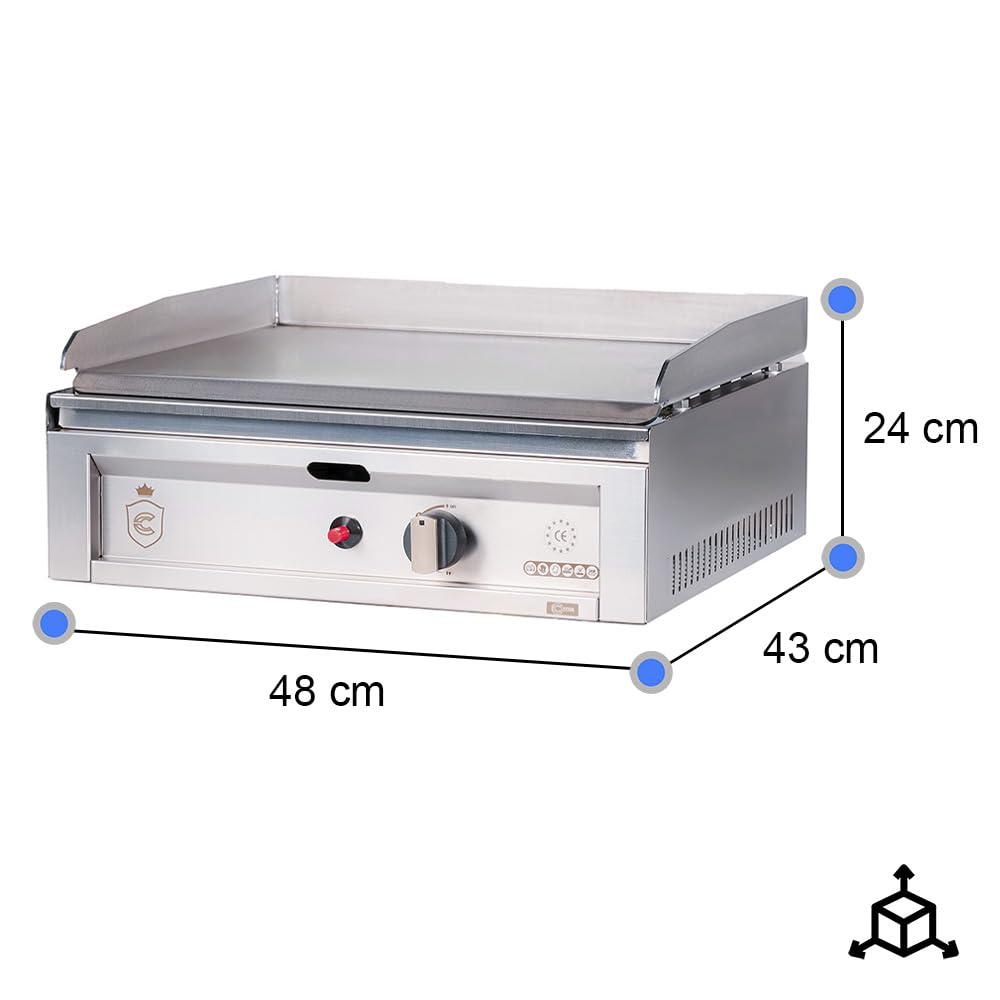 Cleiton® Plancha Industrial de Acero Inoxidable a Gas 50 cm Sobremesa Grosor de la Placa 4 mm para un Rápido Calentamiento con Termopar CE | Potencia 3 kW | Bares y Restaurantes