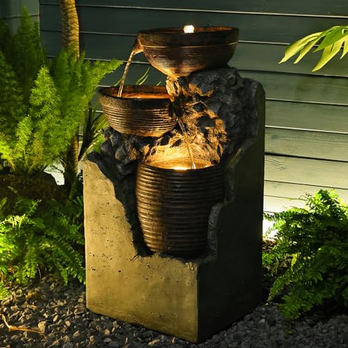Tankana Outdoor Water Fountain Garden - Solar Waterfall Fountains Indoor Water Feature 3 Tier Bowls With Lights & Pump For Patio Yard Porch Deck Pool Home Decor thumb #1