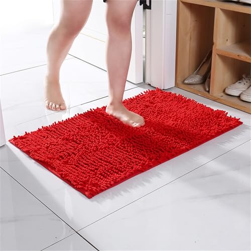 Surwin Tappeto Bagno in Ciniglia, Ciniglia Tappeti Bagno Antiscivolo, Tappetino Assorbente Lavabile, Mat Pelo Lungo Lavabile in Lavatrice per Camera da letto Cucina Ingresso (Rosso,70x140cm)
