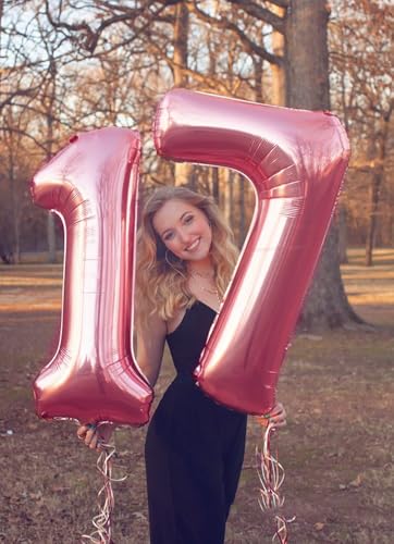 Image of Number Balloons 17 Balloon Pink for 17 Birthday Party Decoration, 40 inch | Saturated Color, Large 40 in, With Straw & Hanging Hole, For Back-to-School Season, Wedding, Christmas, New Year, Anniversary