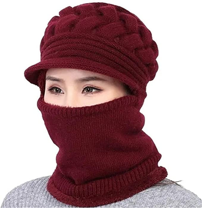 Stylish Women's Winter Woolen Warm and Snow Proof Soft Snow Ski Visor Neckwarm and Scarf Set (Fur Inside) (Pack of 1) (Marron)-image-31