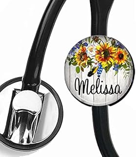 Stethoscope Tag - Rustic Sunflower and Blue Bell Floral - Personalized Name - Steth ID Tag/Nurse Badge
