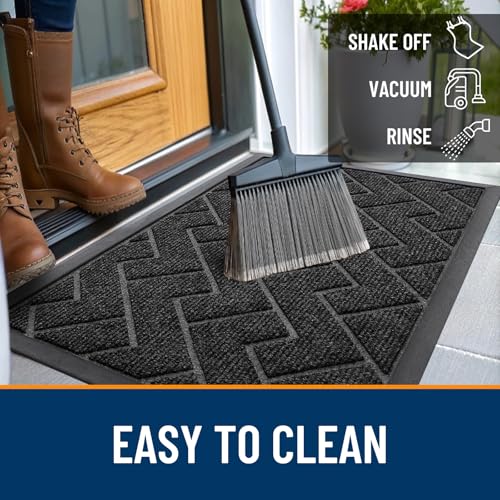 Image of OLANLY Front Door Mat Indoor Outdoor Entrance, Waterproof All-Season, All-Weather Doormat, Sturdy Natural Rubber, Low Profile, Easy Clean Patio Porch Entryway Mat, Herringbone Brick (Black, 47x23)