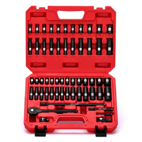 Image of Mayouko 56PCS 1 /4 Inch Drive Impact Socket Wrench Set, SAE /Metric, Deep /Shallow, 6 Point, CR-V, 5 /32 Inch - 9 /16 Inch, 4mm - 15mm, 72 Teeth Ratchet Handle, With Extensions, Adapters, Universal Joint