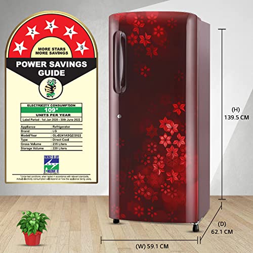 Image of LG 235 L 5 Star Direct-Cool Inverter Single Door Refrigerator Appliance (GL-B241ASQZ, Scarlet Quartz, with base Stand drawer & Smart Connect, 2022 Model)