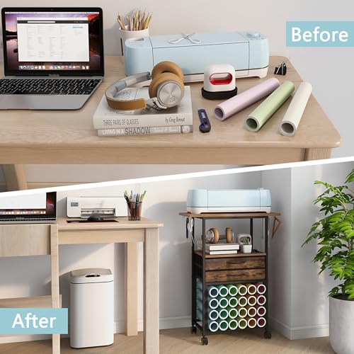Image of VENNQD Organizer and Storage Stand Compatible with Cricut Machines,Rolling Storage Cart /Shelf with 24 Vinyl Roll Holders，2 Fabric Drawer,Accessories Holder,Tool Hook for Craft Room Home (Rustic Brown)