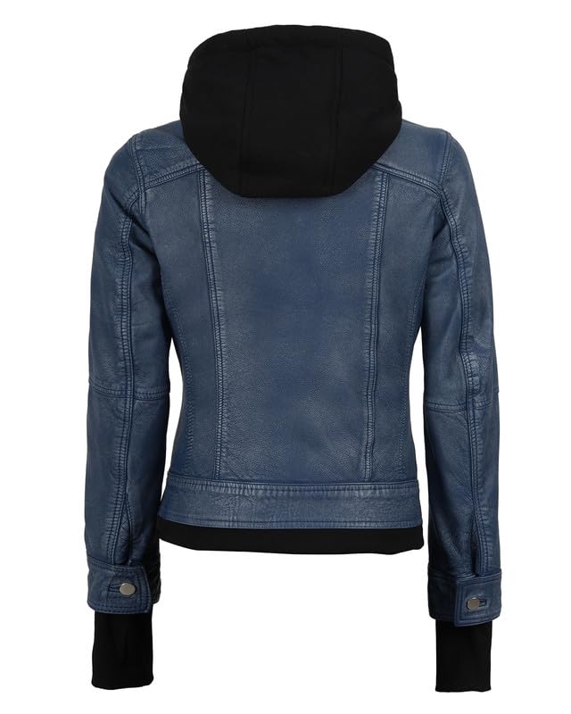 Image of Womens Leather Jacket with Detachable Hood - Real Lambskin Bomber Jacket Thumbholes Women
