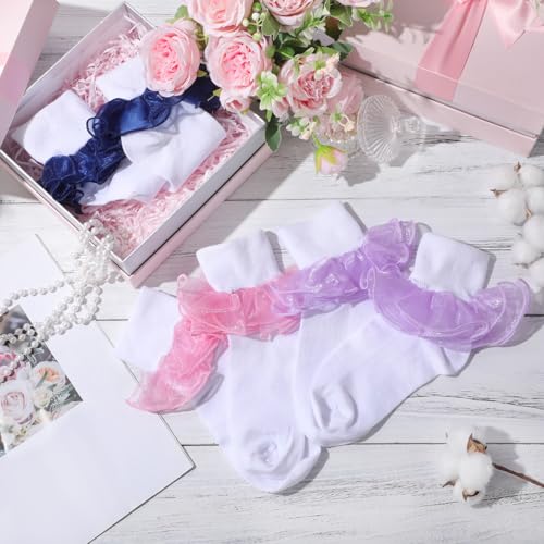 Image of Geyoga 3 Pairs Women Big Ruffle Socks Turn Cuff, Double Lace Ankle Cotton Frilly Socks for Ladies Summer