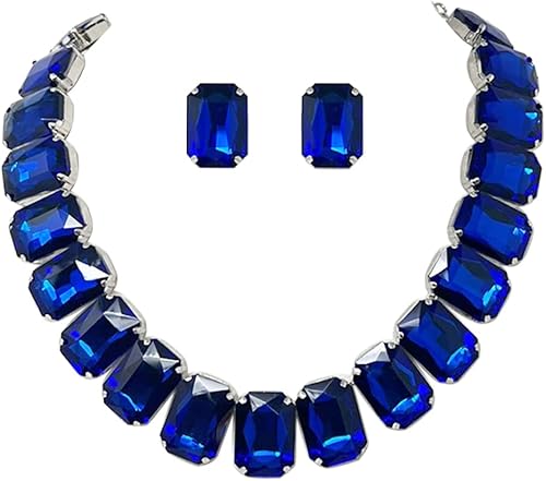 Rosemarie & Jubalee Conjunto de collar y aretes de diamantes de imitación de cristal de corte esmeralda colorido para mujer, juego de regalo