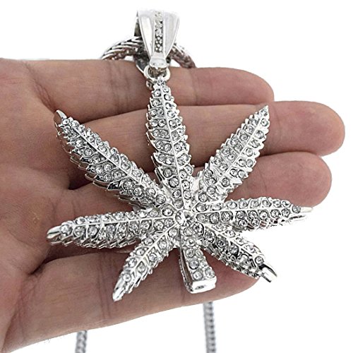 Bling Cartel Marijuana Silver Tone Iced Leaf Cannabis Pot Weed Pendant 36 in Franco Hip Hop Chain Necklace4