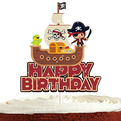 Pirate Cake Topper For Boys Girls Birthday Cute Treasure Parrot Skull Pirate Theme Party Supplies Pirate Ship Party Decorations Glitter Pirate Happy Birthday Cake Decorations #TOP25