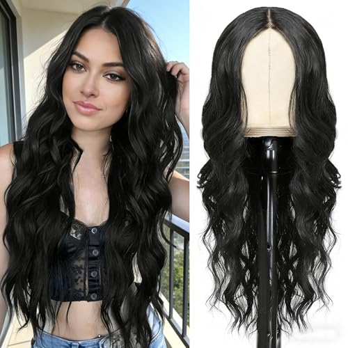 ShowCoco Black Wig for Women 26 Inch Pre Cut Hand-Tied Lace Long Wavy Natural Hairline Middle Part Hair...