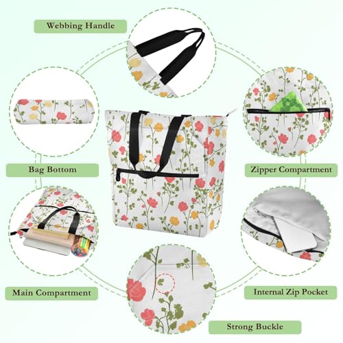 Little Rose Flower Floral Tote Bag for Book Lovers Reusable Bags with Zipper Pocket for School Work Shopping3
