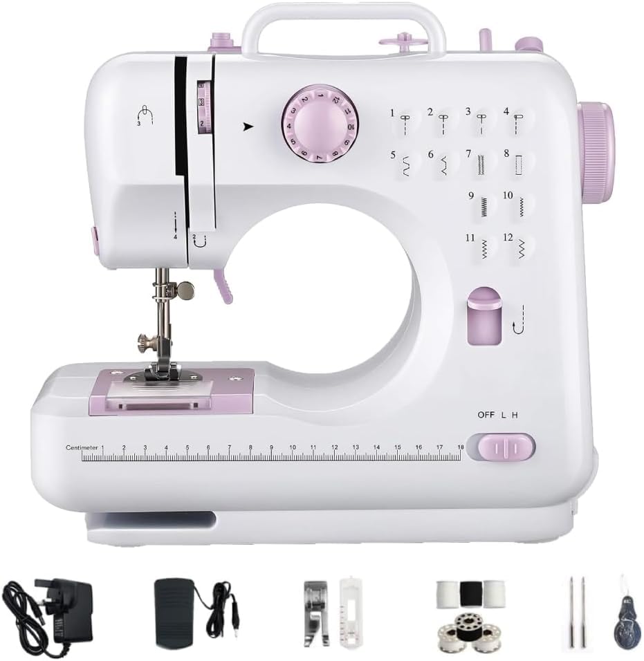Mini Sewing Machine for Beginners and Kids & Adults Portable Sewing Machines with 12 Built-in Stitch Patterns Light 2 Speed Foot Pedal - Purple & White (with Basic Sewing Kit)
