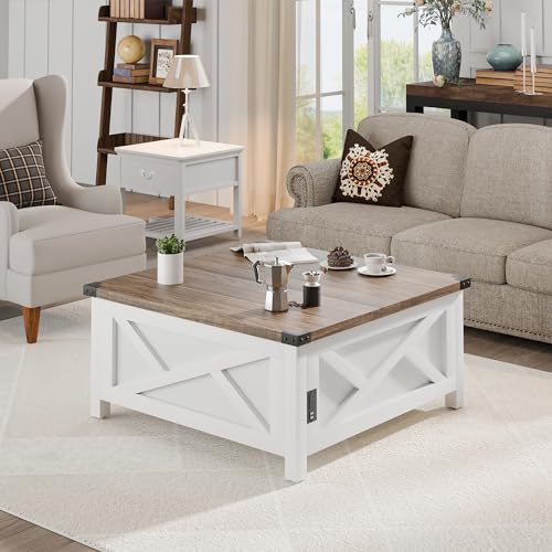 MU Lift Top Coffee Table, Square Coffee Table with Hidden Storage, Farmhouse Wood Coffee Table with Charging Station and Barn Door for Living Room, White - Thumbnail 3