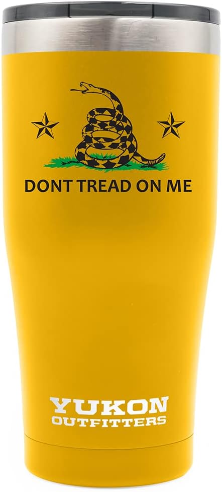Yukon Outfitters Freedom High Grade 18/8 Corrosion-Resistant Stainless Steel Double Wall Vacuum Tumbler (20 oz/ 590ml) - 7.3" H x 3.4" Top dia. / 2.7" Bottom dia., Gold with Dont Tread On Me Print