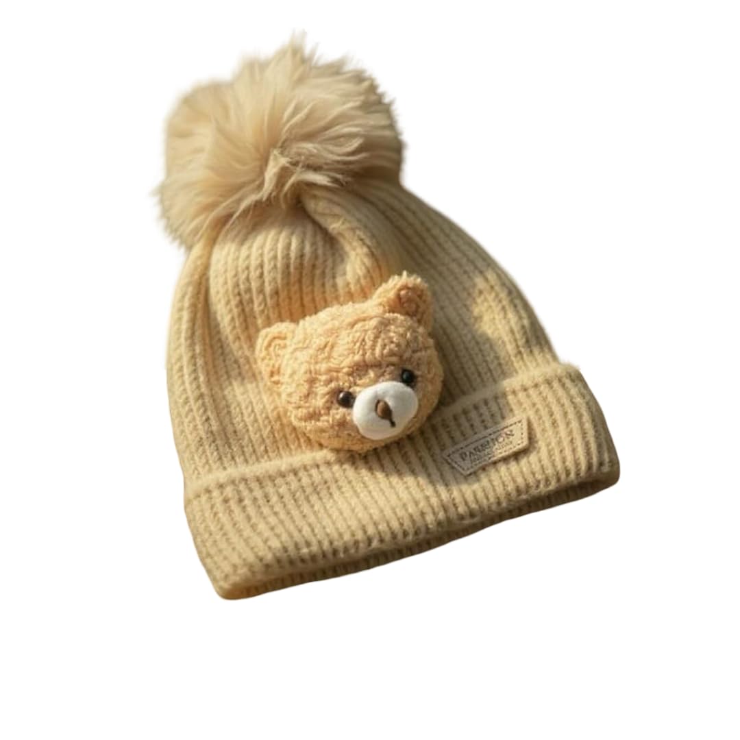 CAPZNMORE Baby Winter Caps Unisex Bear Beanie fit Toddler Baby Knitted Soft Breathable Woolen Headwear Winter Caps for Kids Boy's and Girl's