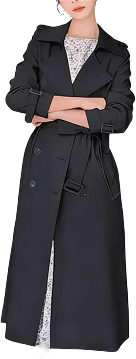 Long Trench Coat Women's Double-Breasted Sashes Slim Overcoat Casual Tops