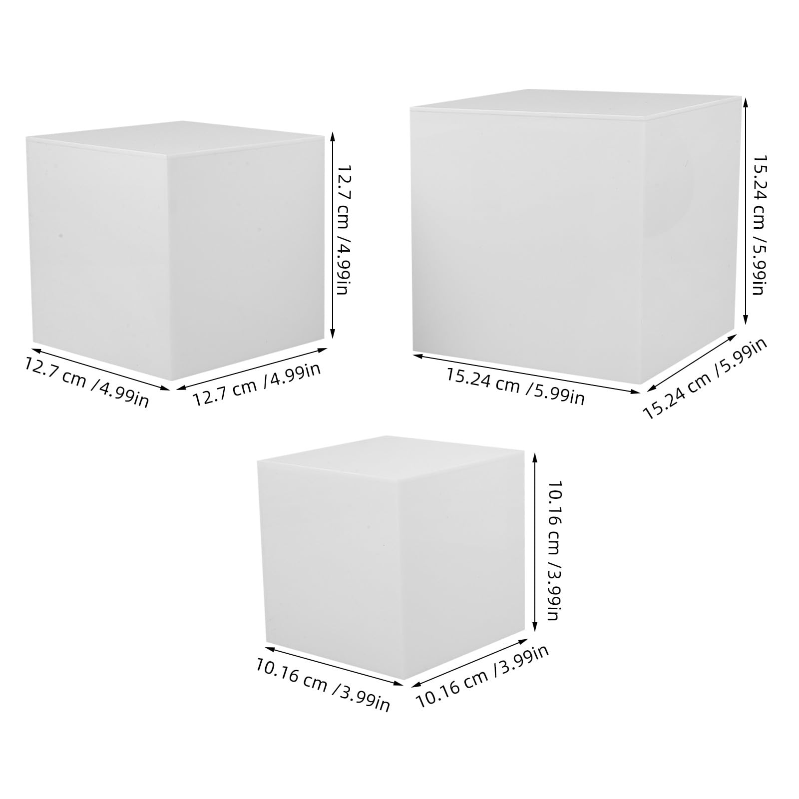 Set da 3 Espositore in Acrilico Cubico Bianco, Scatole Espositive Quadrate per Vetrina, Supporto Stabile per Esposizione Gioielli e Dessert, per Negozi e Fotografia Professionale