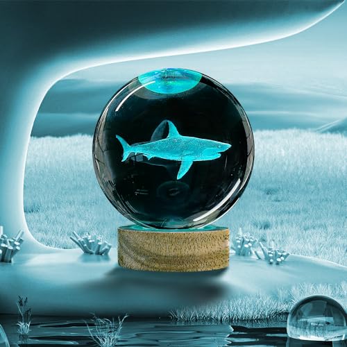 Image of 3D Crystal Ball Night Light with Wooden Base, 3.15 inch Shark Glass Ball Lamp, 16 Colors, Remote Control, Cool Desk Decor