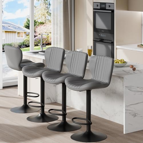 Image of Shintenchi Bar Stools Set of 4 Modern Swivel Bar Chairs, Counter Height Faux Leather Metal Barstools, Upholstered Island Chairs with Back and Footrest, Gray