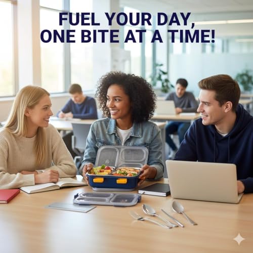 Image of 800 ml Stainless Steel Lunch Box, 3 Compartments, Blue | Leak-Proof Tiffin, Includes Spoon & Fork, BPA-Free Food Grade Steel, Dishwasher Safe, for School & Office