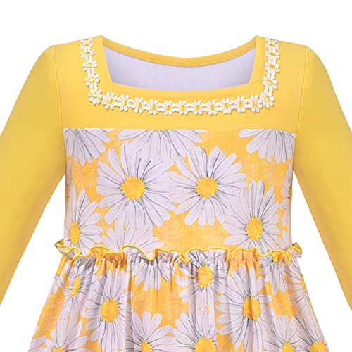Sunny Fashion Girls Dress Yellow Daisy Floral Square Collar Layered Ruffle Long Sleeve3