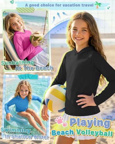 Image of 3 Pack Girl's Long Sleeve Sun Shirts UPF50+ Sun Hoodies UV Protection Quick Dry Rash Guard Lightweight Swim Shirt