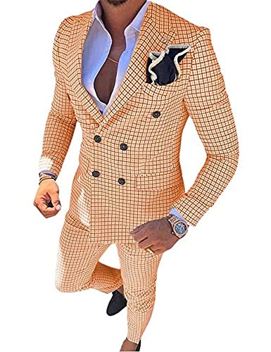 Men's 2-Piece Dress Suit Plaid Slim Fit Double Breasted Wedding Blazer Trousers Orange M #TOP6