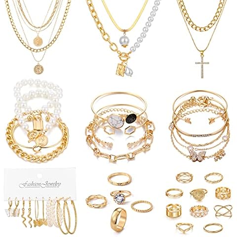 KISS WIFE Gold Jewelry Set for Women, Multi Layered Necklaces Stackable Bracelets Knuckle Rings and Hoop Earrings Sets, Fashion Vacation Jewelry Costume Jewelry Packs (Casual) Cover