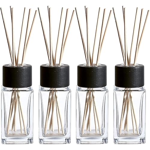 WHOLE HOUSEWARES Natural Diffuser Reeds Bottles Sticks | Clear Glass Home Décor for Kitchen and Living Room | Black Wood Caps | Décorative Fragrance Set with Long Lasting Aroma - Set of 4