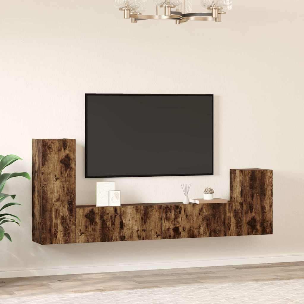 Set di 4 mobili per TV, montaggio a parete, in rovere affumicato