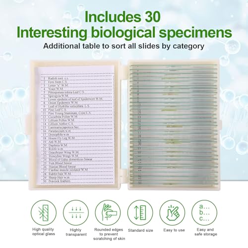 Image of 30 Microscope Slides with specimens, Plants, Insects, Animal Cell Samples for use in Biological Science Labs for Children, Students and homeschools