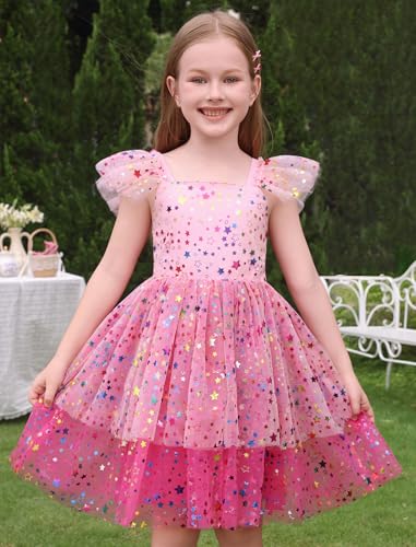 IMEKIS Toddler Kids Girls Sparkly Stars Dress Ruffle Sleeve Tulle Tutu Formal Birthday Party Dresses 1-6T2